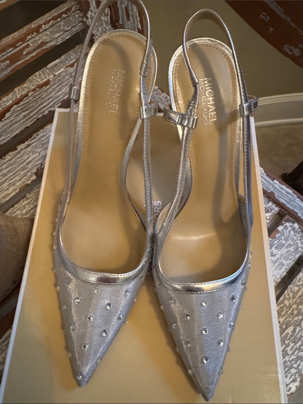 Michael Kors Silver Embellished Slingback Heels
